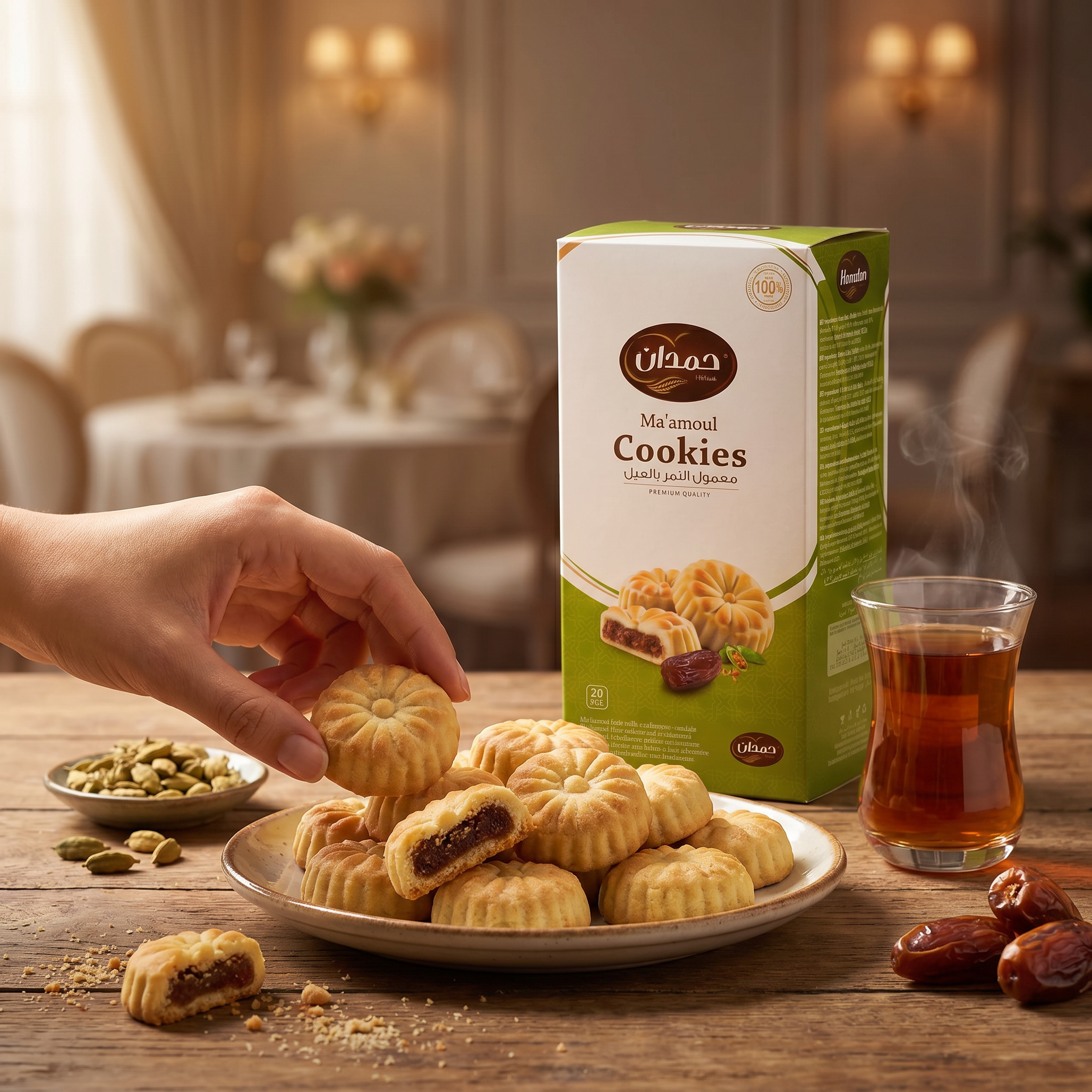 Hamdan Ma'amoul date cookies with cardamom, 20-piece traditional shortbread biscuits filled with dates, ideal for coffee and tea.