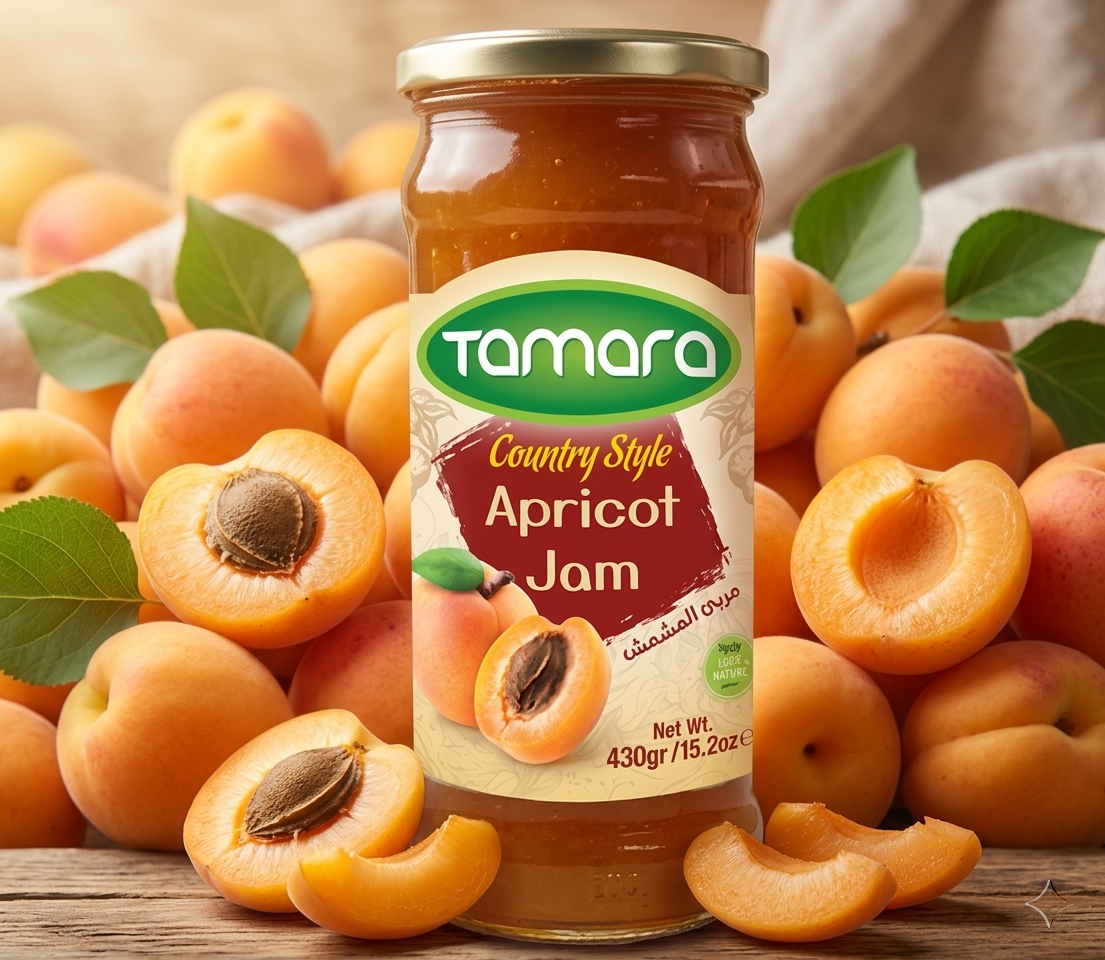 Tamara Country Style Apricot Jam 430g jar with apricot pieces and spreadable fruit inside, gourmet fruit spread in glass jar.