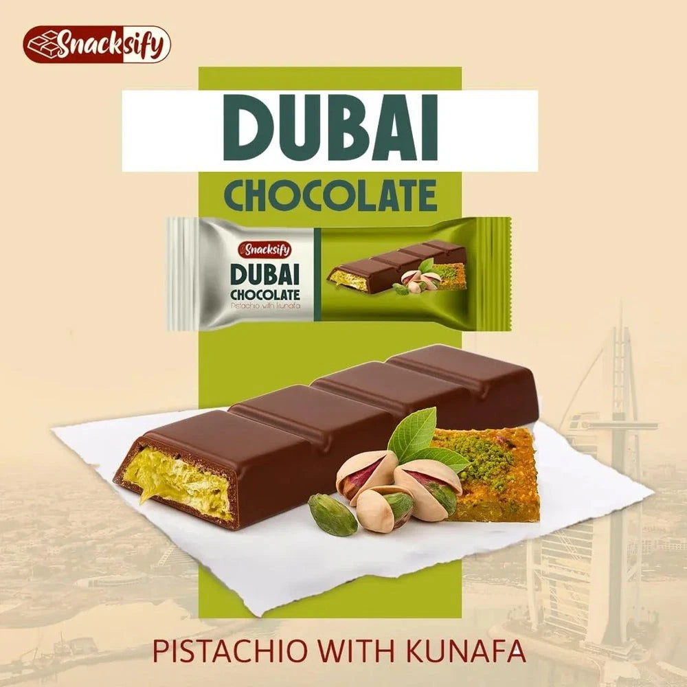 Snacksify Dubai Pistachio Kunafa Chocolate BarSnacksify Dubai Chocolate Bars, Pack of 24 (27g Each), Milk Chocolate - Gourmet Exotic Treat - SANI-LLC