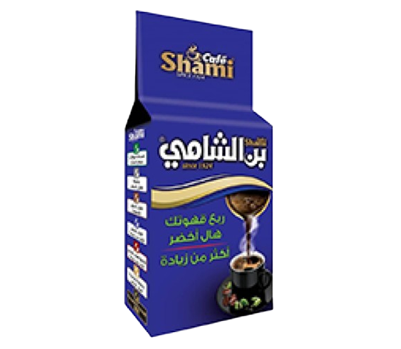Shami Café Turkish Coffee 200g Cardamom blend in a blue package, showing the authentic Arabic roast and rich coffee beans.