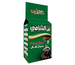 Shami Cafe Café Shami Mocha Plain Ground Coffee in green packaging, suitable for Turkish brew, without cardamom.