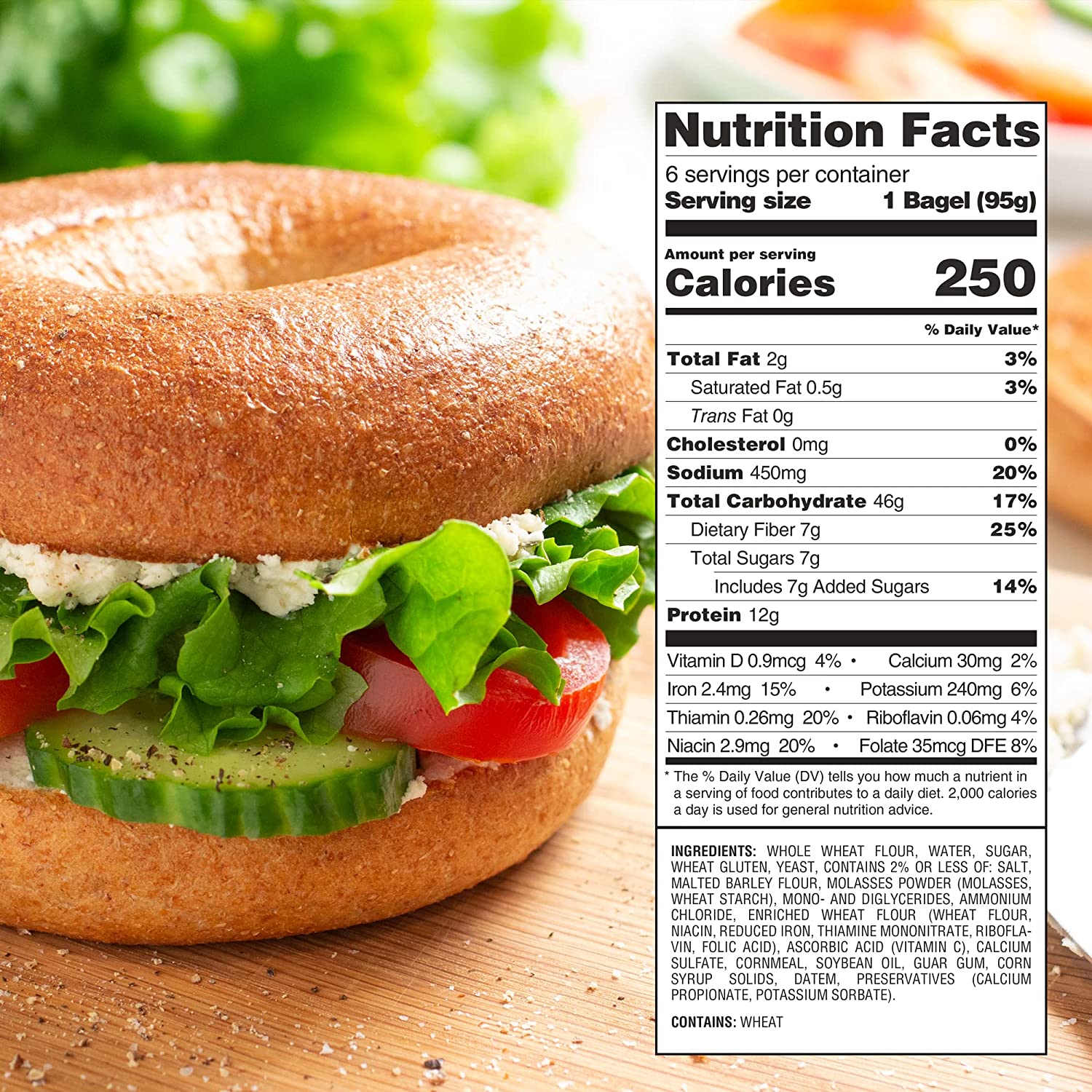 Toufayan Bakeries - Whole Wheat Bagels 20oz 6 Bagels | 12g Protein | 7g Fiber | Naturally Vegan | Cholesterol Free | Dairy Free | Egg Free - 1PaysLess