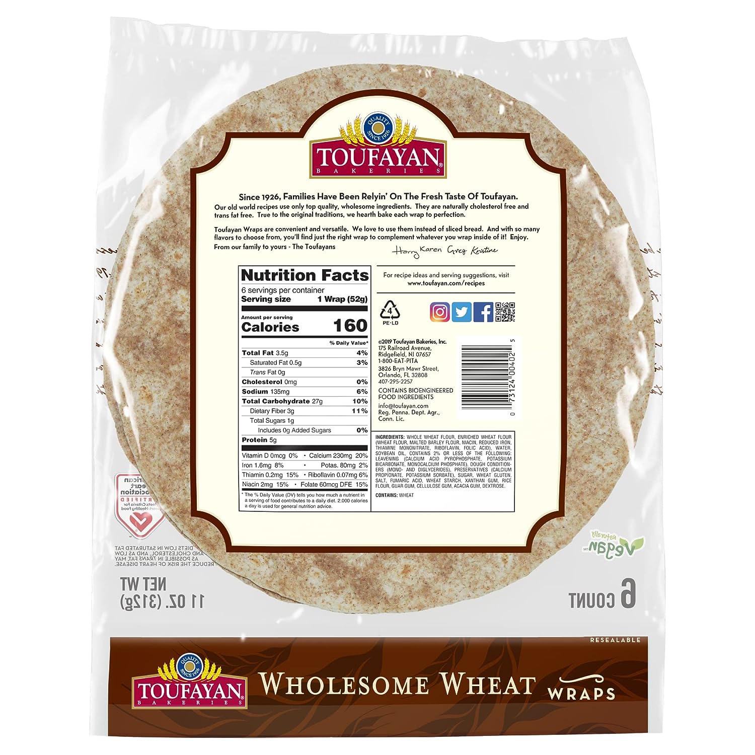 Toufayan Wraps ÃƒÂ¢Ã¢â€šÂ¬Ã¢â‚¬Å“ Wholesome Wheat 6 COUNT | NET WT. 11 OZ. (312g) - SANI-LLC