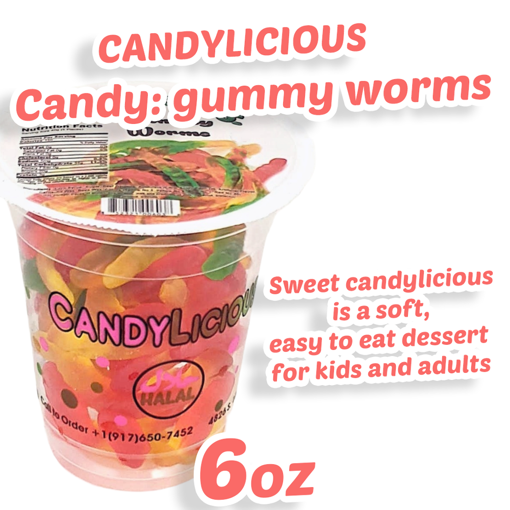 Candy: Candy Licious | Gummy Worms | Mix fruit | HALAL | Sweets & Delicious| Cup |6oz. |170g - SANI-LLC