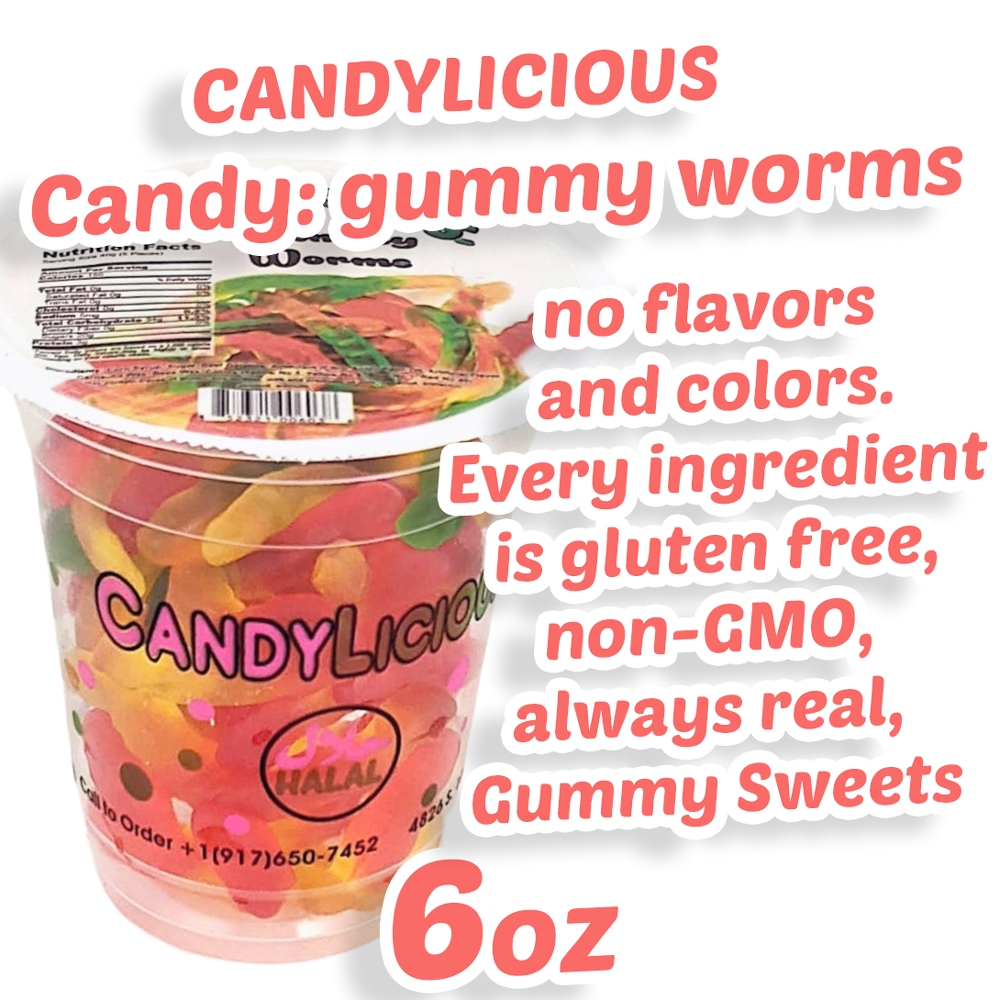 Candy: Candy Licious | Gummy Worms | Mix fruit | HALAL | Sweets & Delicious| Cup |6oz. |170g - SANI-LLC