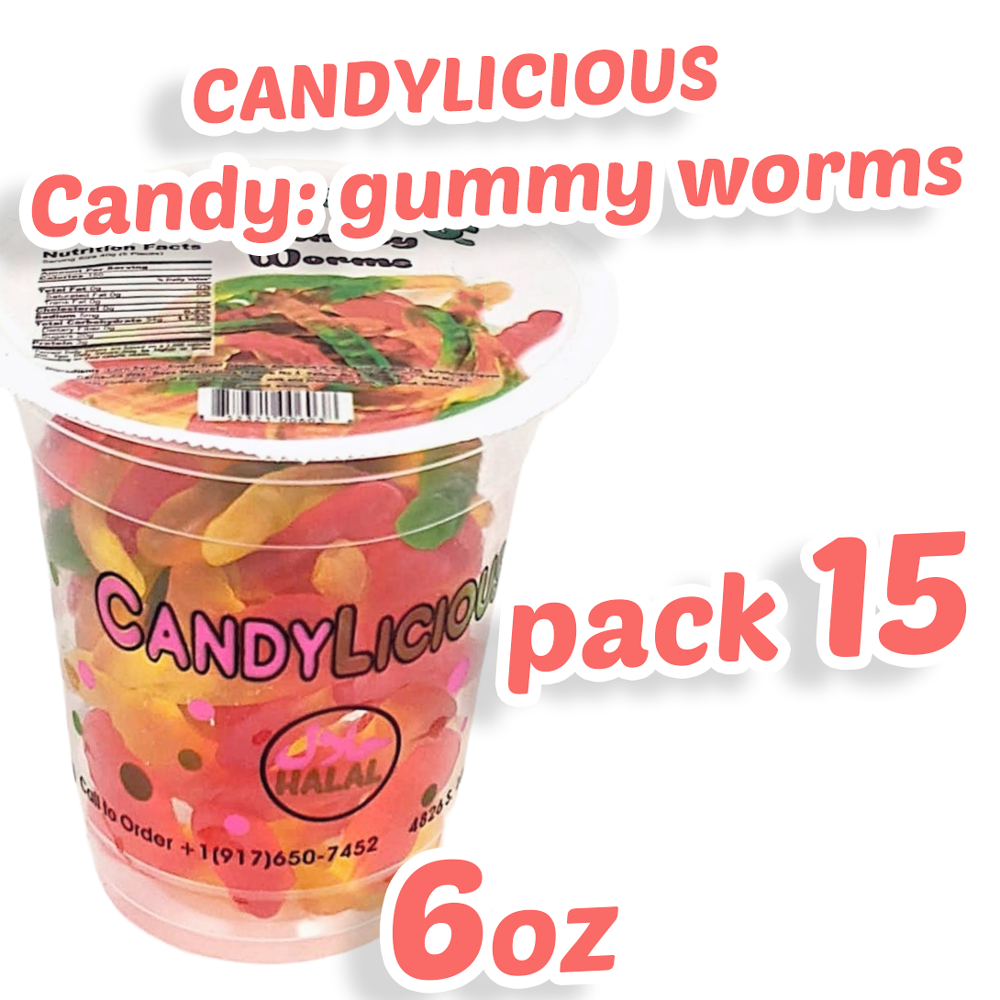 Candy: Candy Licious | Gummy Worms | Mix fruit | HALAL | Sweets & Delicious| Cup |6oz. |170g - SANI-LLC