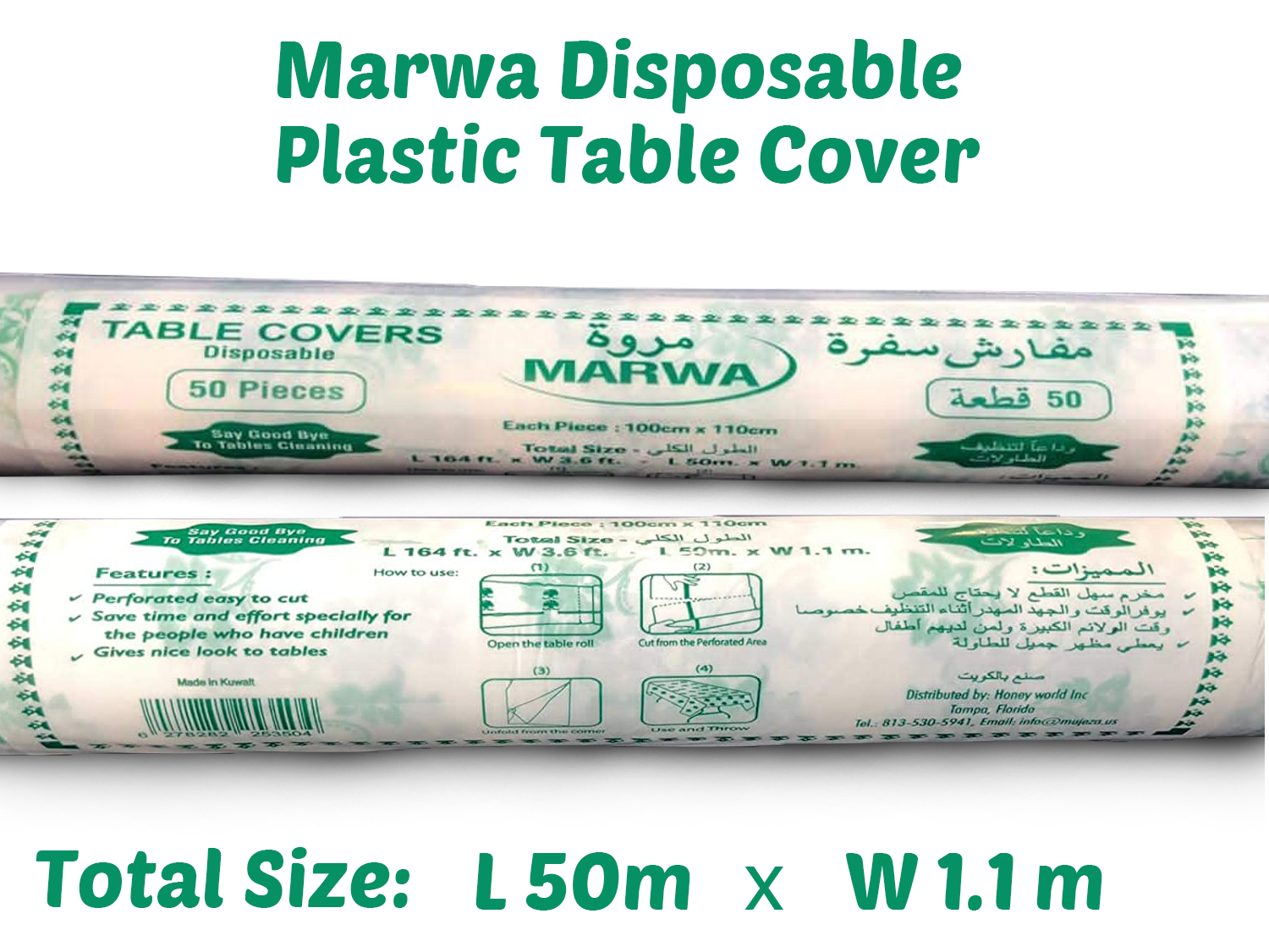 MARWA TABLE COVER 10 X 50m (Small) UPC 6278282253504 & (MARWA) TABLE COVER 10 x 100m (Large) UPC 6278282253108 - SANI-LLC