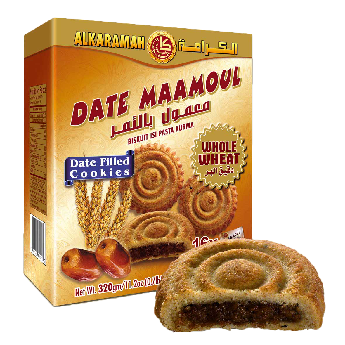 ALKARAMAH MAAMOUL DATE - WHOLE WHEAT (20X320g)  Recommended Retail Price $3.99 - UPC 732542002722 - SANI-LLC