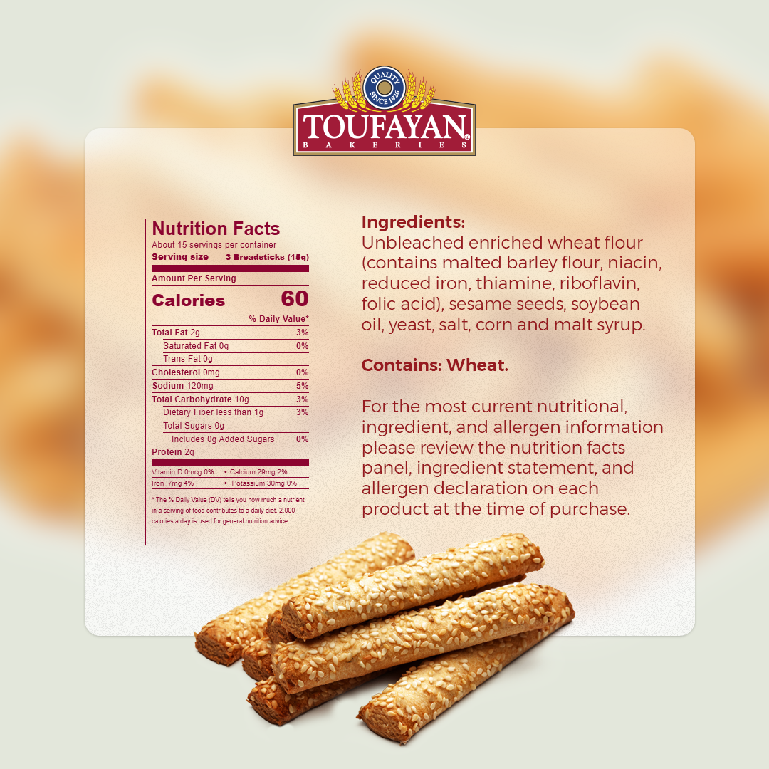 Toufayan: Crispy Bread sticks | Sesame Crunchy and delicious 227g 8oz. - SANI-LLC